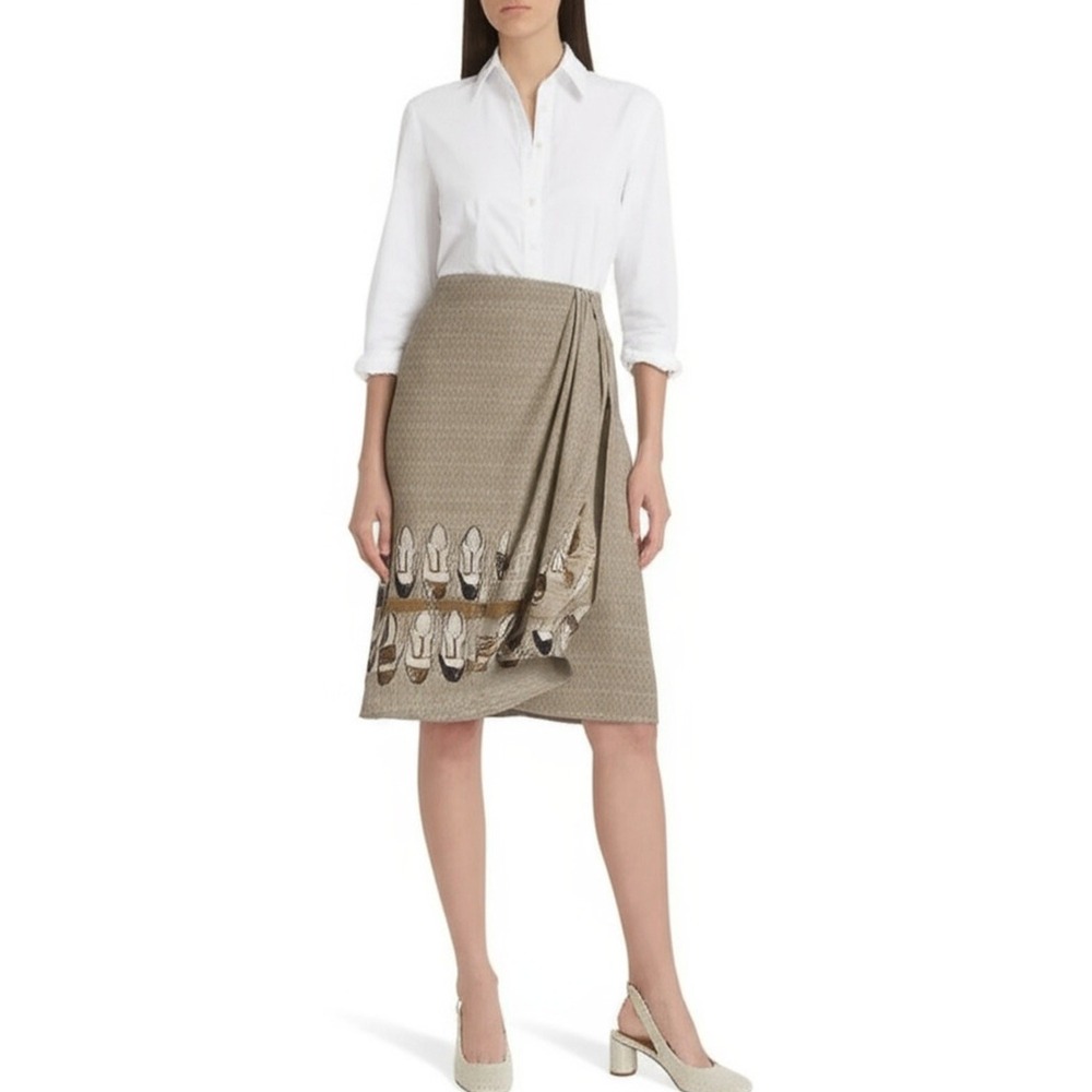 Vintage Skirt Womens 8 AUSTIN REED 100% Silk Tan Wingtip Shoe Print Faux‎ Wrap
